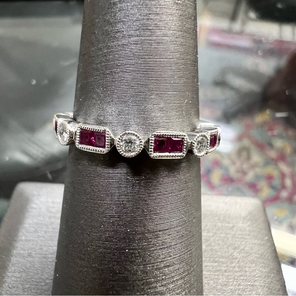 14k White Gold Diamond & Ruby Band Ring - Picture 7 of 9
